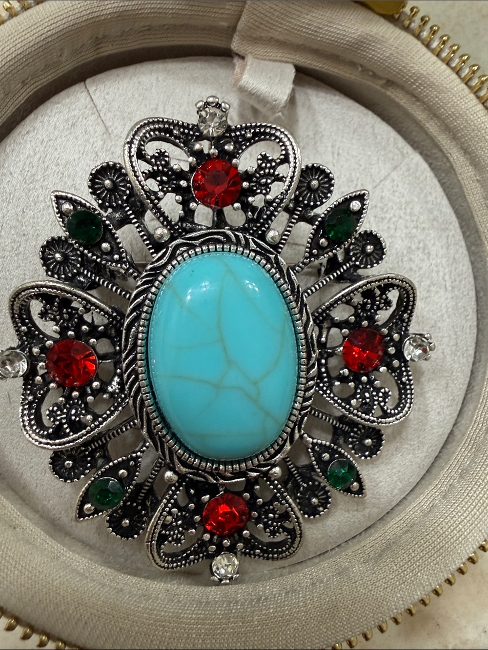 Turquoise Oval Filigree Brooch with Red & Green Accents